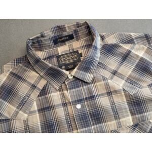Pendleton Frontier Men's‎ Blue Plaid Western Shirt Size Large Short Sleeve Blue